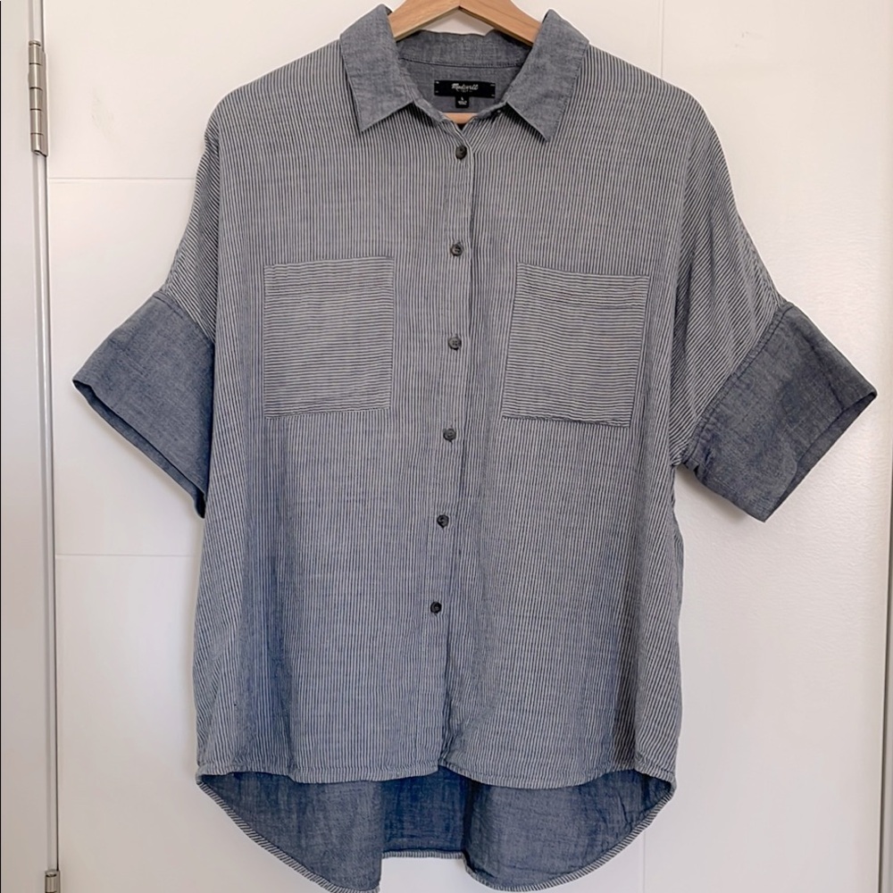 Madewell button down short sleeve striped chambray shirt- size L